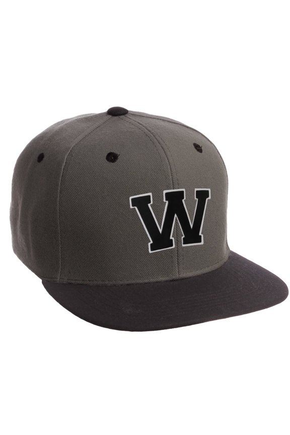 Classic Snapback Hat Custom A to Z Initial Letters, Charcoal Black Cap Wht Blk Letter Initial W
