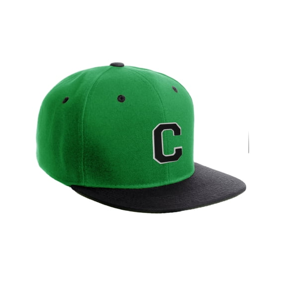 Classic Snapback Hat Custom A to Z Initial Letters, Green Black Cap White Black Letter Initial C