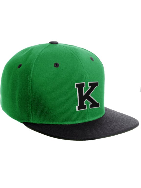 Classic Snapback Hat Custom A to Z Initial Letters, Green Black Cap White Black Letter Initial K