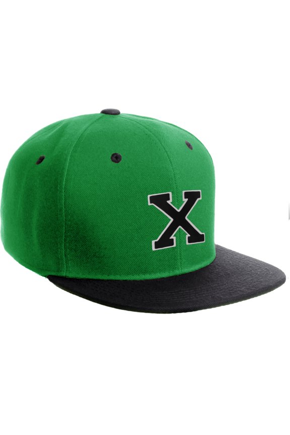 Classic Snapback Hat Custom A to Z Initial Letters, Green Black Cap White Black Letter Initial X