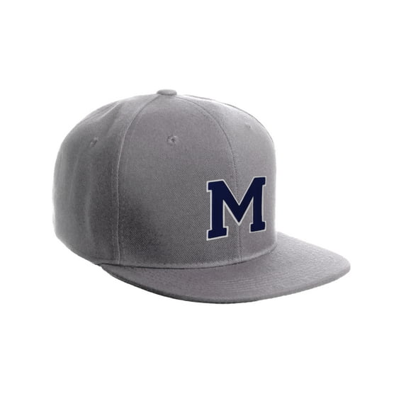 Classic Snapback Hat Custom A to Z Initial Letters, Light Grey Cap White Navy Letter Initial M
