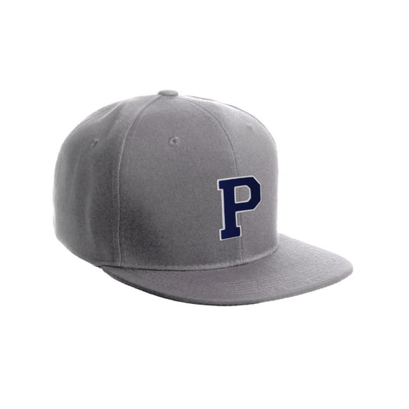 Classic Snapback Hat Custom A to Z Initial Letters, Light Grey Cap White Navy Letter Initial P