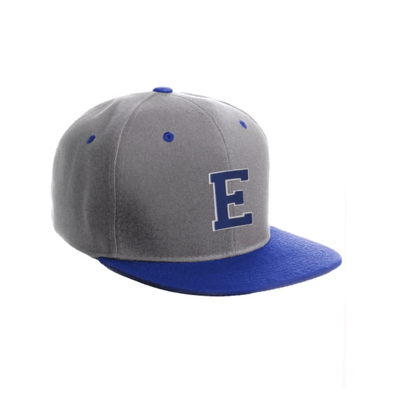 Classic Snapback Hat Custom A to Z Initial Letters, Lt Grey Royal Cap White Blue Letter Initial E
