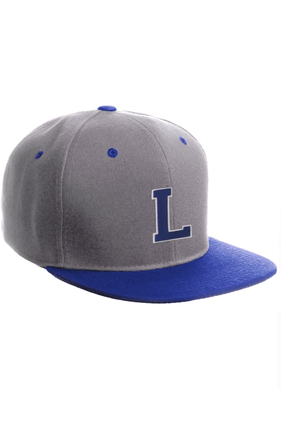Classic Snapback Hat Custom A to Z Initial Letters, Lt Grey Royal Cap White Blue Letter Initial L