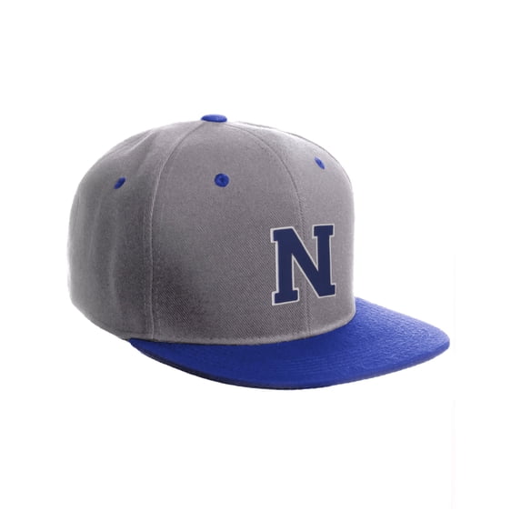 Classic Snapback Hat Custom A to Z Initial Letters, Lt Grey Royal Cap White Blue Letter Initial N