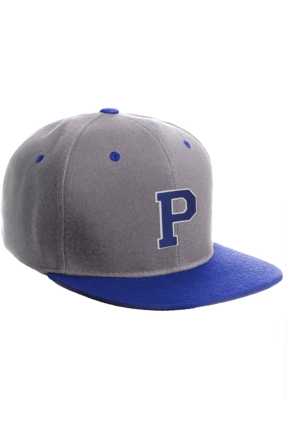 Classic Snapback Hat Custom A to Z Initial Letters, Lt Grey Royal Cap White Blue Letter Initial P