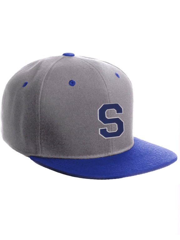Classic Snapback Hat Custom A to Z Initial Letters, Lt Grey Royal Cap White Blue Letter Initial S