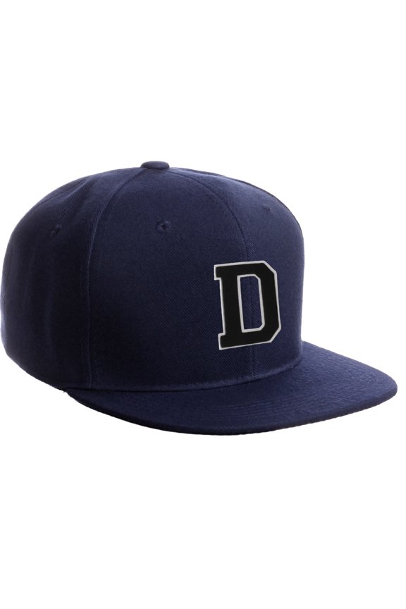 Classic Snapback Hat Custom A to Z Initial Letters, Navy Cap White Black Letter Initial D
