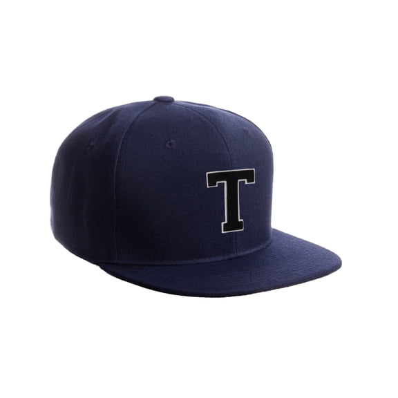 Classic Snapback Hat Custom A to Z Initial Letters, Navy Cap White Black Letter Initial T