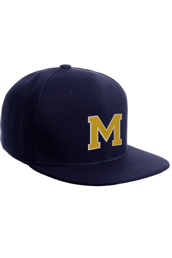 Classic Snapback Hat Custom A to Z Initial Letters, Navy Cap White Gold Letter Initial M