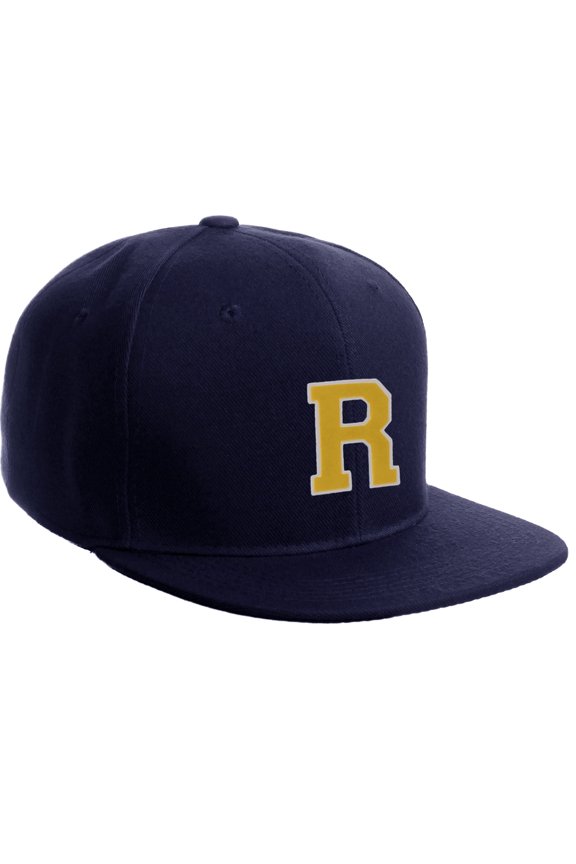 Classic Snapback Hat Custom A to Z Initial Letters, Navy Cap White Gold Letter Initial R