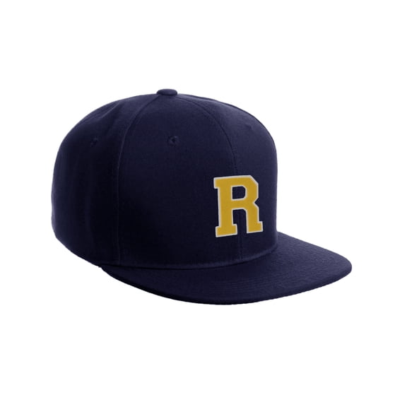 Classic Snapback Hat Custom A to Z Initial Letters, Navy Cap White Gold Letter Initial R