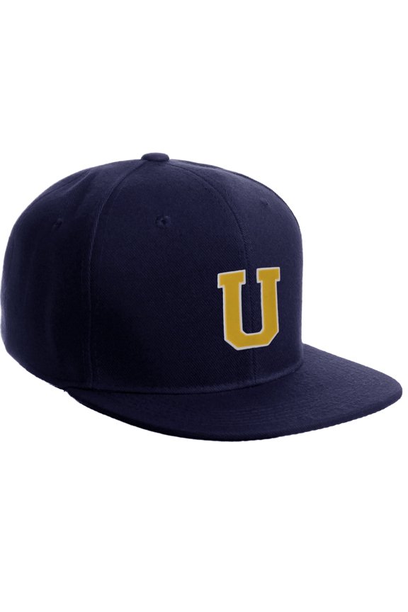 Classic Snapback Hat Custom A to Z Initial Letters, Navy Cap White Gold Letter Initial U