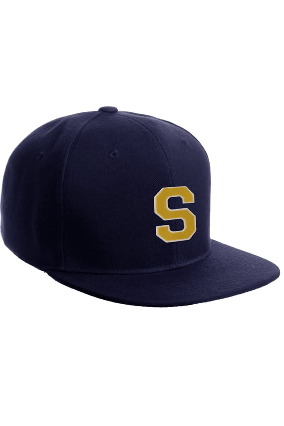 Classic Snapback Hat Custom A to Z Initial Letters, Navy Cap White Gold