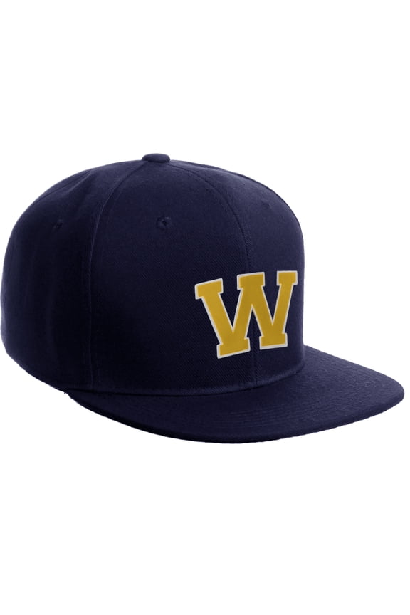 Classic Snapback Hat Custom A to Z Initial Letters, Navy Cap White Gold