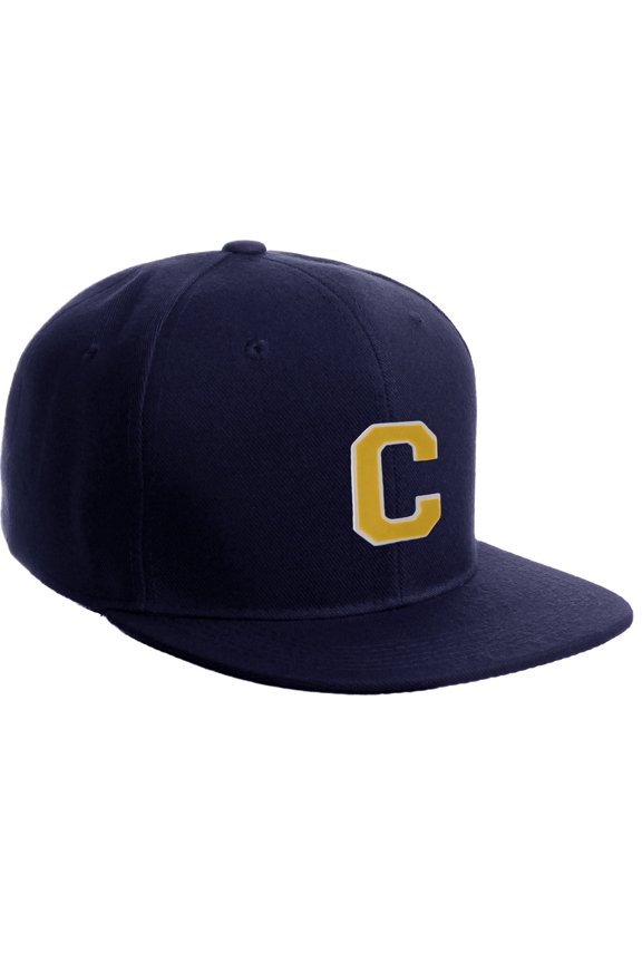 Classic Snapback Hat Custom A to Z Initial Letters, Navy Cap White Gold