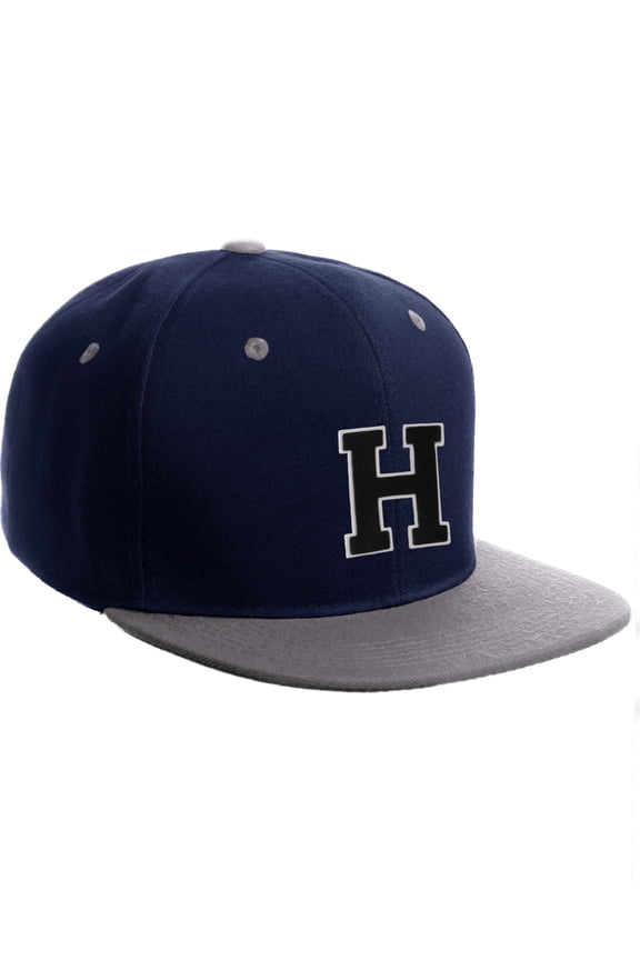 Classic Snapback Hat Custom A to Z Initial Letters, Navy Grey Cap White Black Letter Initial H