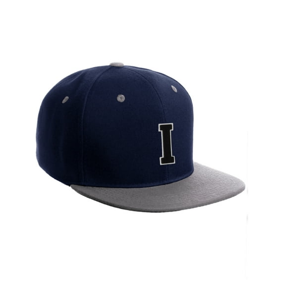 Classic Snapback Hat Custom A to Z Initial Letters, Navy Grey Cap White Black Letter Initial I