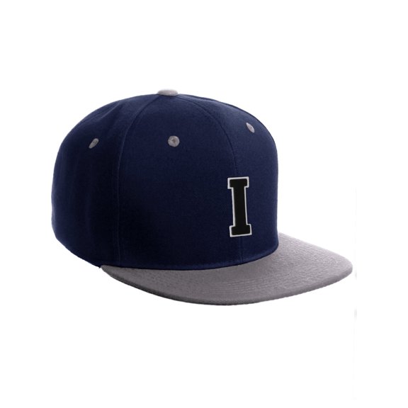Classic Snapback Hat Custom A to Z Initial Letters, Navy Grey Cap White Black Letter Initial I