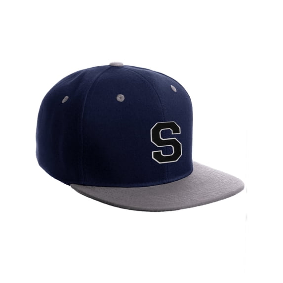 Classic Snapback Hat Custom A to Z Initial Letters, Navy Grey Cap White Black Letter Initial S