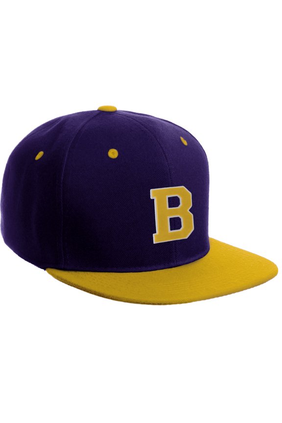 Classic Snapback Hat Custom A to Z Initial Letters, Purple Gold Cap White Gold