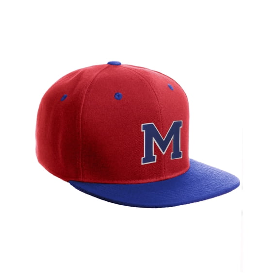 Classic Snapback Hat Custom A to Z Initial Letters, Red Royal Cap White Royal Letter Initial M
