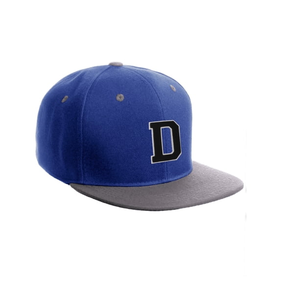 Classic Snapback Hat Custom A to Z Initial Letters, Royal Grey Cap Whte Black Letter Initial D