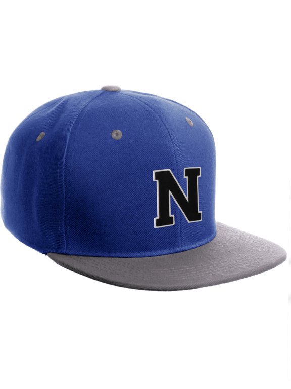 Classic Snapback Hat Custom A to Z Initial Letters, Royal Grey Cap Whte Black Letter Initial N