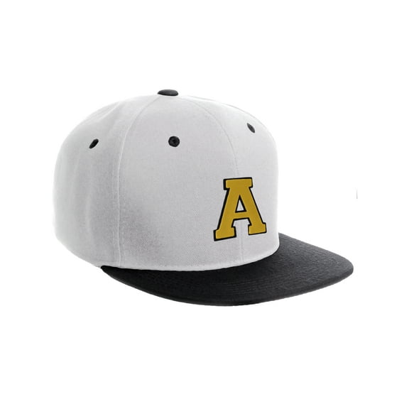 Classic Snapback Hat Custom A to Z Initial Letters, White Black Cap Black Gold Letter Initial A