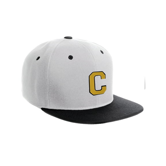 Classic Snapback Hat Custom A to Z Initial Letters, White Black Cap Black Gold Letter Initial C