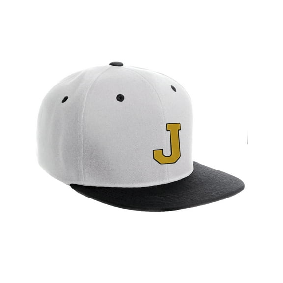 Classic Snapback Hat Custom A to Z Initial Letters, White Black Cap Black Gold Letter Initial J