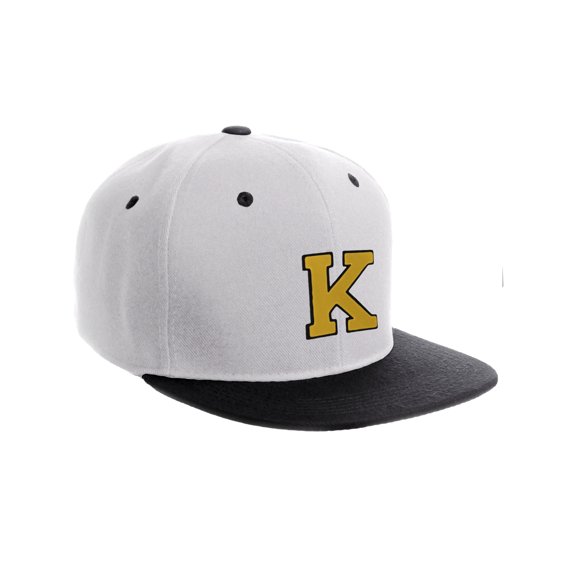 Classic Snapback Hat Custom A to Z Initial Letters, White Black Cap Black Gold Letter Initial K