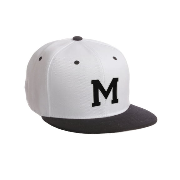 Classic Snapback Hat Custom A to Z Initial Letters, White Black Cap White Black Letter Initial M