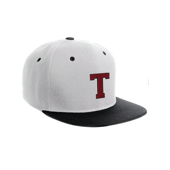 Classic Snapback Hat Custom A to Z Initial Letters, White Black Hat Black Red Letter Initial T