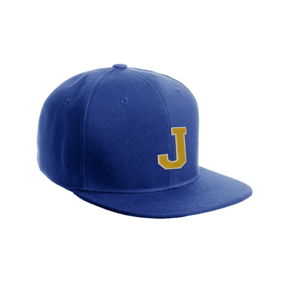 Classic Snapback Hat Custom A to Z Initial Raised Letter, Royal Cap White Gold Letter Initial J