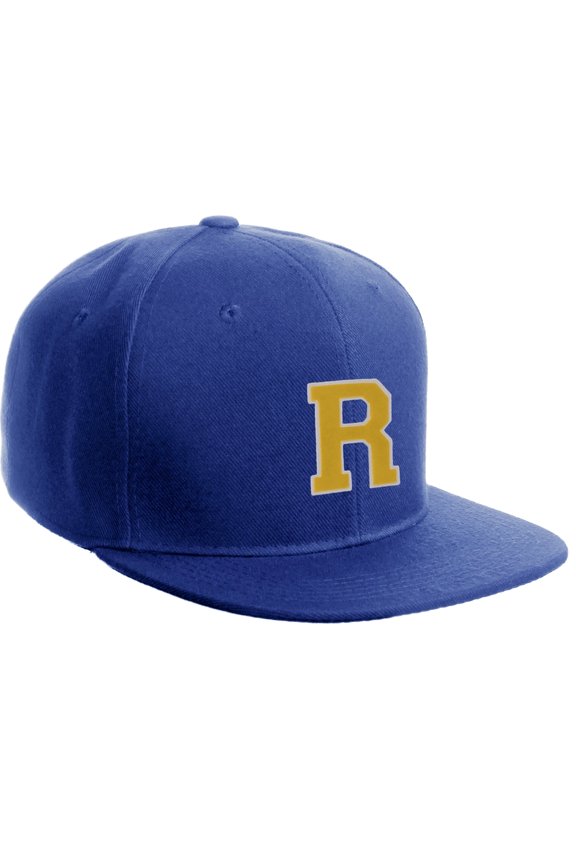 Classic Snapback Hat Custom A to Z Initial Raised Letter, Royal Cap White Gold Letter Initial R