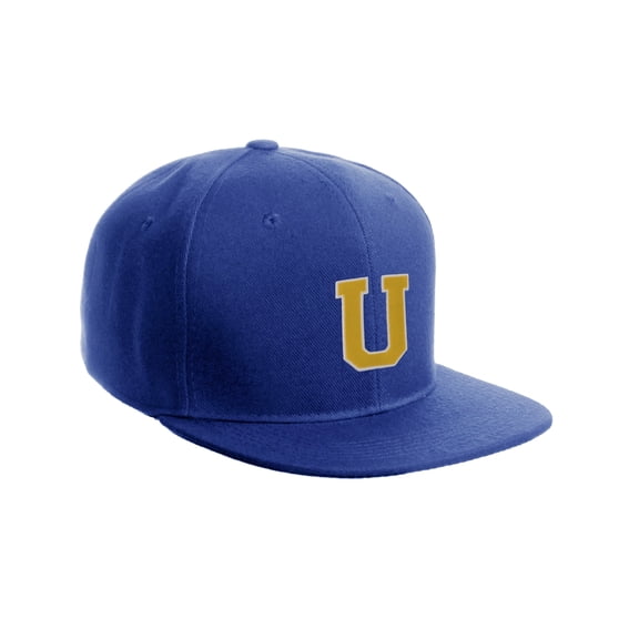 Classic Snapback Hat Custom A to Z Initial Raised Letter, Royal Cap White Gold Letter Initial U