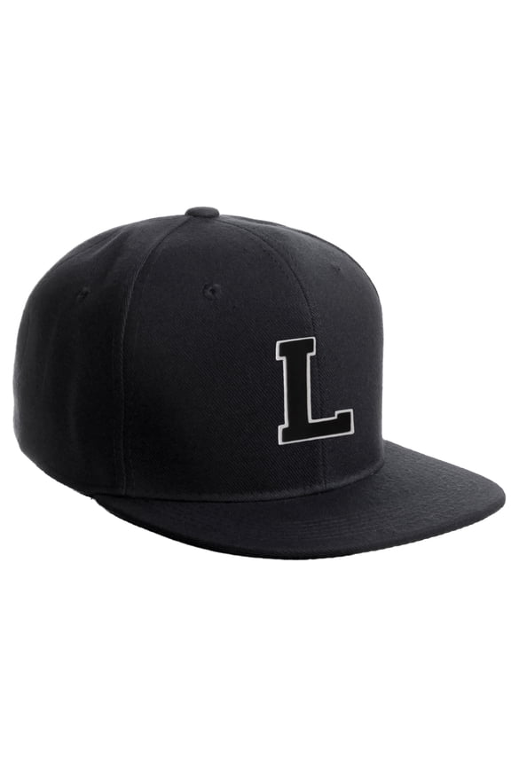 Classic Snapback Hat Custom A to Z Initial Raised Letters, Black Cap White Black Letter Initial L