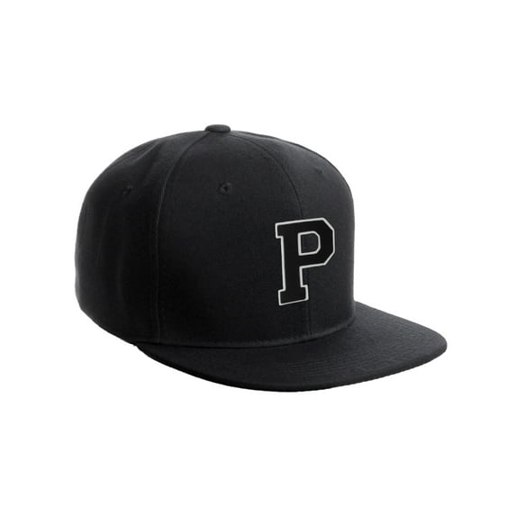 Classic Snapback Hat Custom A to Z Initial Raised Letters, Black Cap White Black Letter Initial P