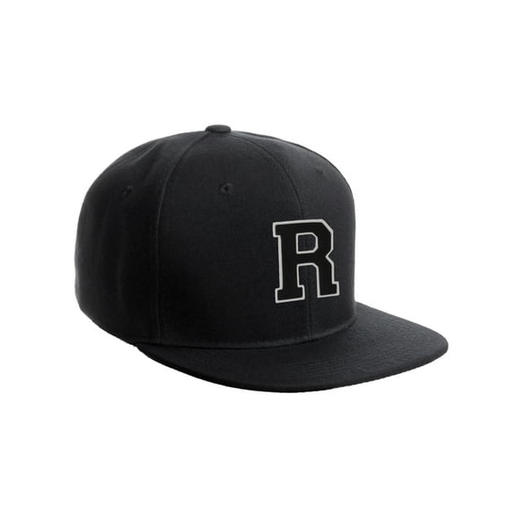 Classic Snapback Hat Custom A to Z Initial Raised Letters, Black Cap White Black Letter Initial R
