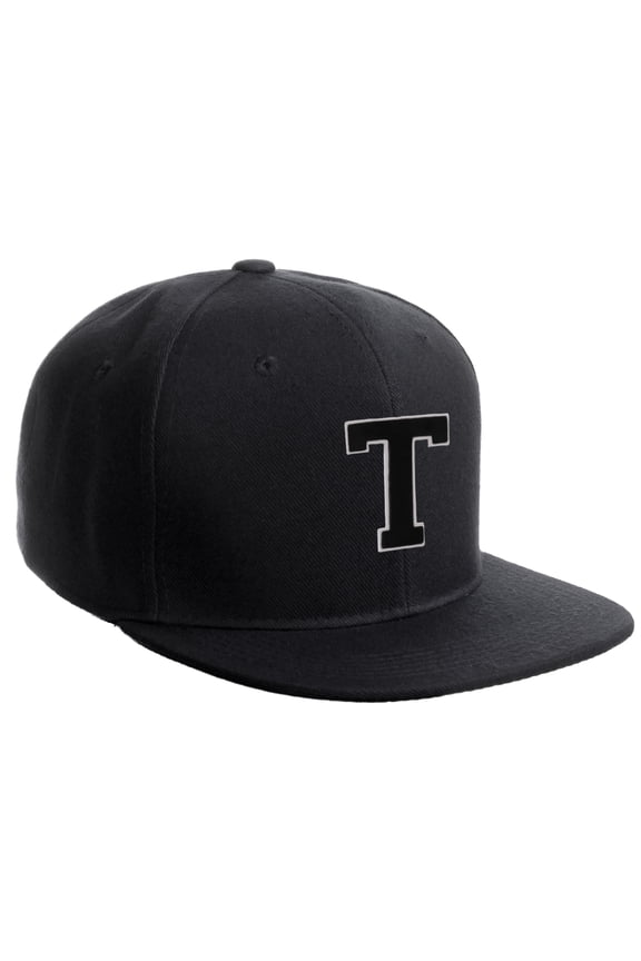 Classic Snapback Hat Custom A to Z Initial Raised Letters, Black Cap White Black Letter Initial T