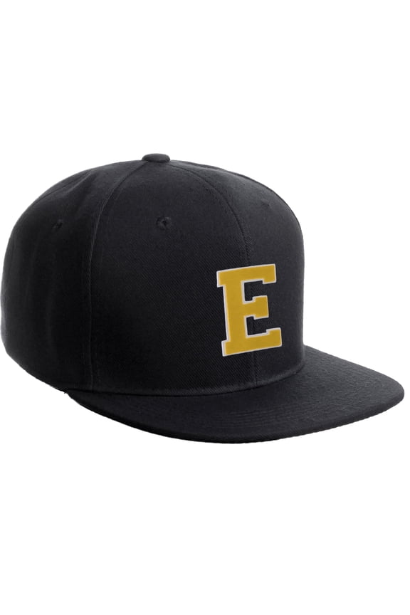 Classic Snapback Hat Custom A to Z Initial Raised Letters, Black Cap White Gold Letter Initial E