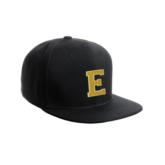Classic Snapback Hat Custom A to Z Initial Raised Letters, Black Cap White Gold Letter Initial E