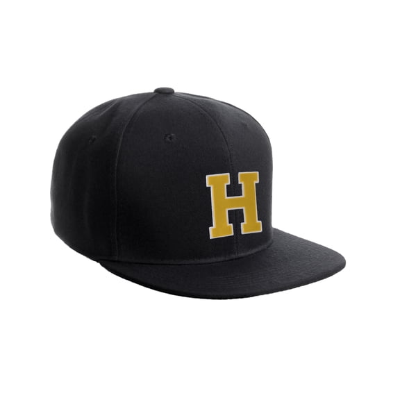Classic Snapback Hat Custom A to Z Initial Raised Letters, Black Cap White Gold Letter Initial H