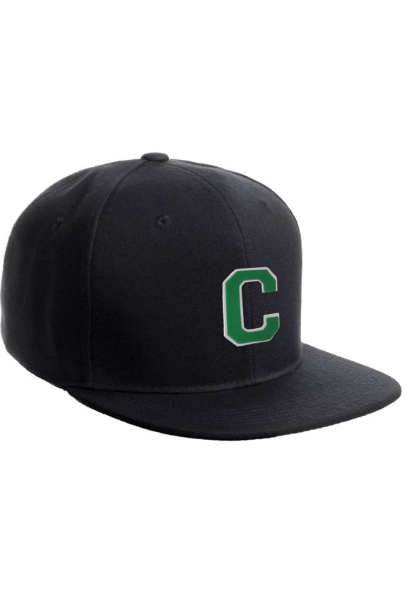 Classic Snapback Hat Custom A to Z Initial Raised Letters, Black Cap White Green Letter Initial C