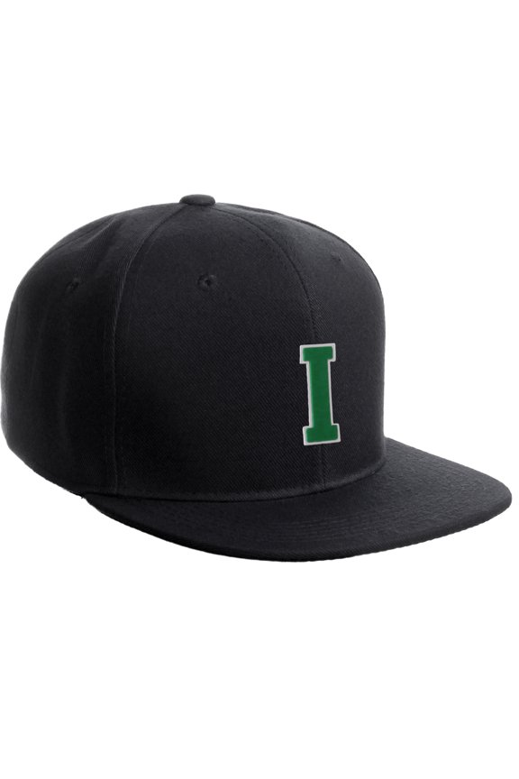 Classic Snapback Hat Custom A to Z Initial Raised Letters, Black Cap White Green Letter Initial I