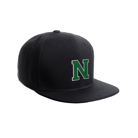Classic Snapback Hat Custom A to Z Initial Raised Letters, Black Cap White Green Letter Initial N