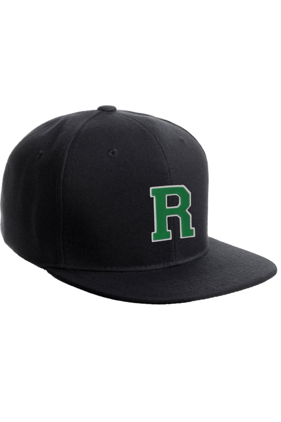 Classic Snapback Hat Custom A to Z Initial Raised Letters, Black Cap White Green Letter Initial R