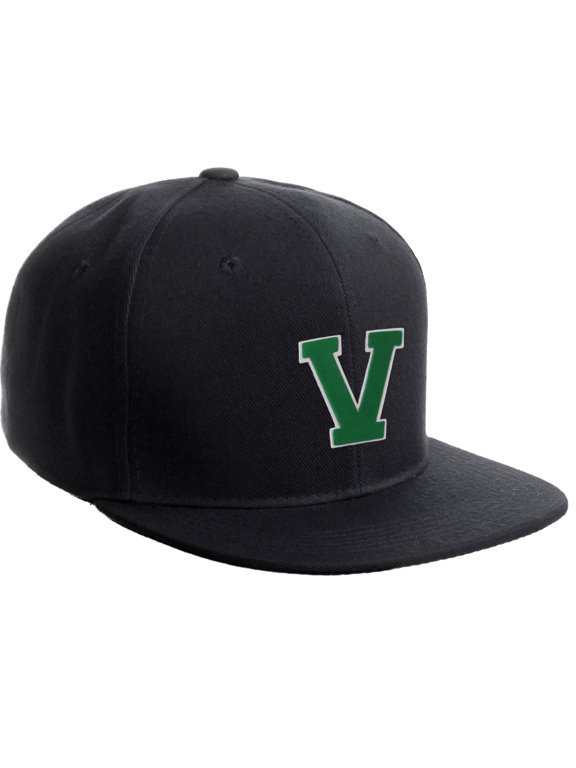 Classic Snapback Hat Custom A to Z Initial Raised Letters, Black Cap White Green Letter Initial V