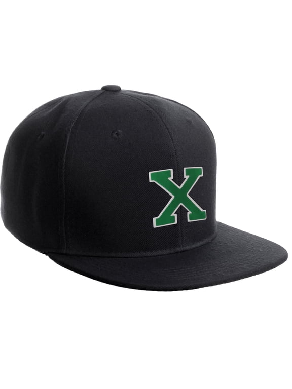 Classic Snapback Hat Custom A to Z Initial Raised Letters, Black Cap White Green Letter Initial X